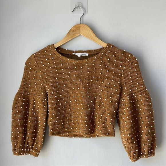 BCBGeneration Cropped Sweater Brown White Puffs - Picture 8 of 9